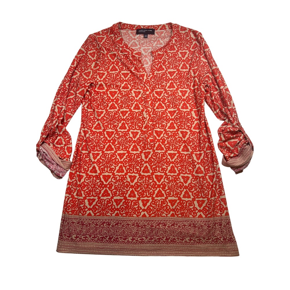 Jones New York Signature Red Geometric Medallion Roll Tab Tunic Top Womens Small